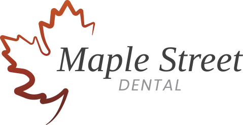 "Maple Street Dental" logo. text and red maple leaf graphic