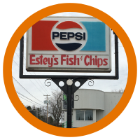 Sign at Estey's Fish and Chips with Pepsi logo