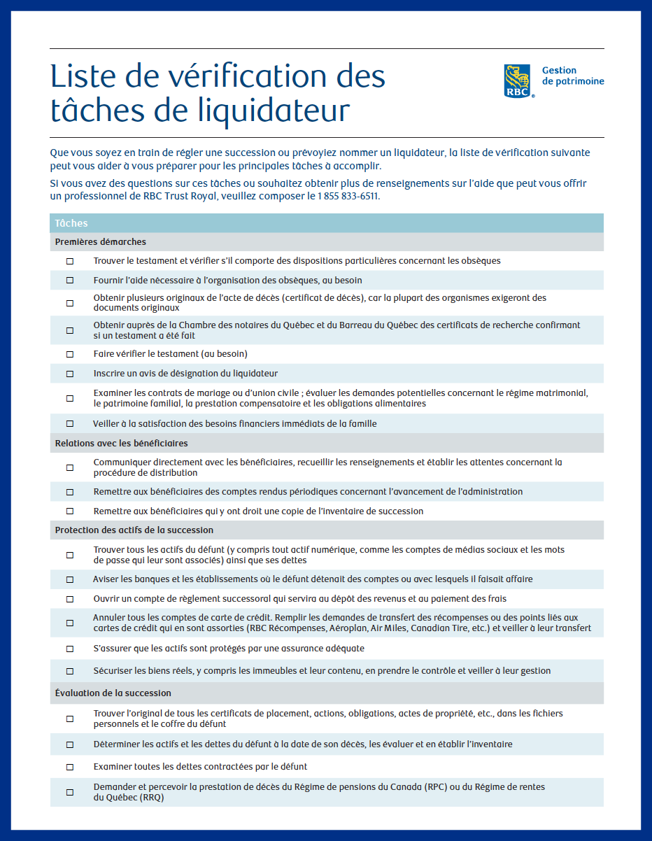 Liste de vérification des tâches de liquidateur - couverture